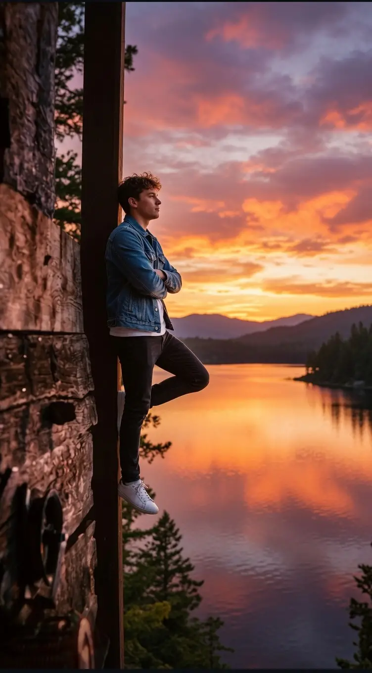 Man standing in a mall with a distant sunset view
