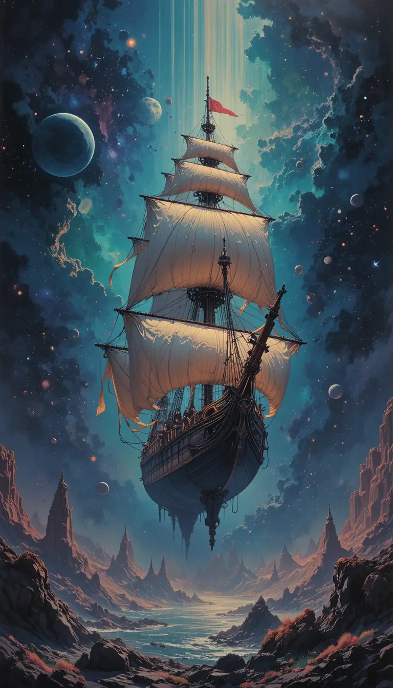 幽靈大帆船航行於絢麗多彩的宇宙星雲之中