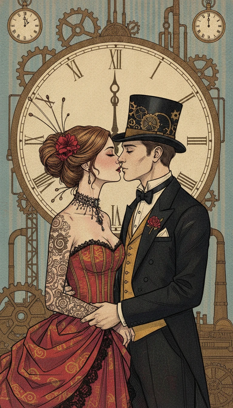 Coppia steampunk in quasi bacio davanti a un alone di ingranaggi