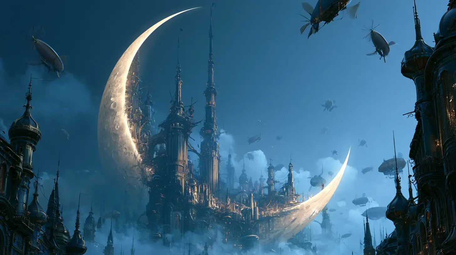 Leuchtende Mondsichel, die eine Steampunk-Himmelsstadt trägt