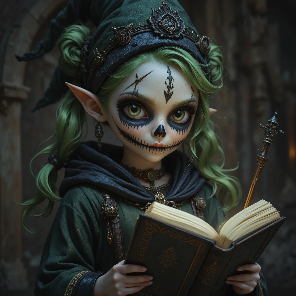 Garota gnoma necromante fofa com máscara de caveira e livro de feitiços