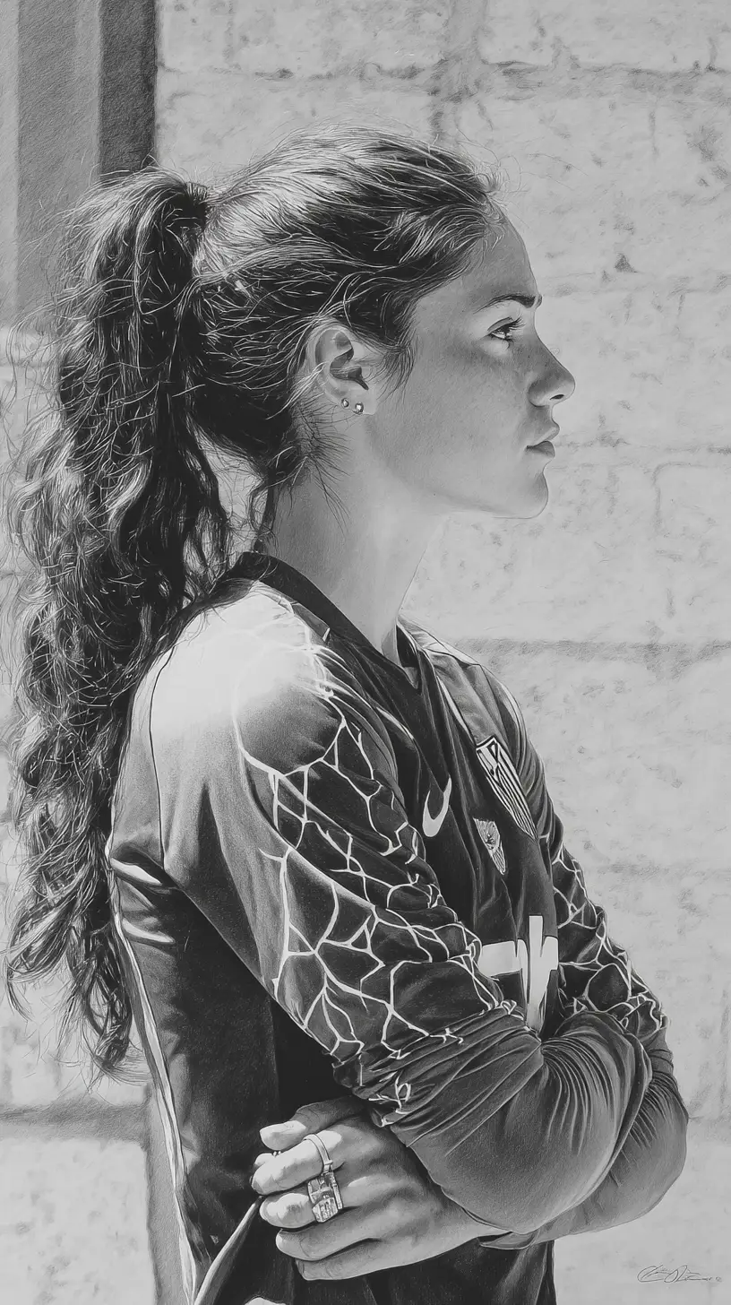 Profile portrait of focused female footballer in pencil drawing