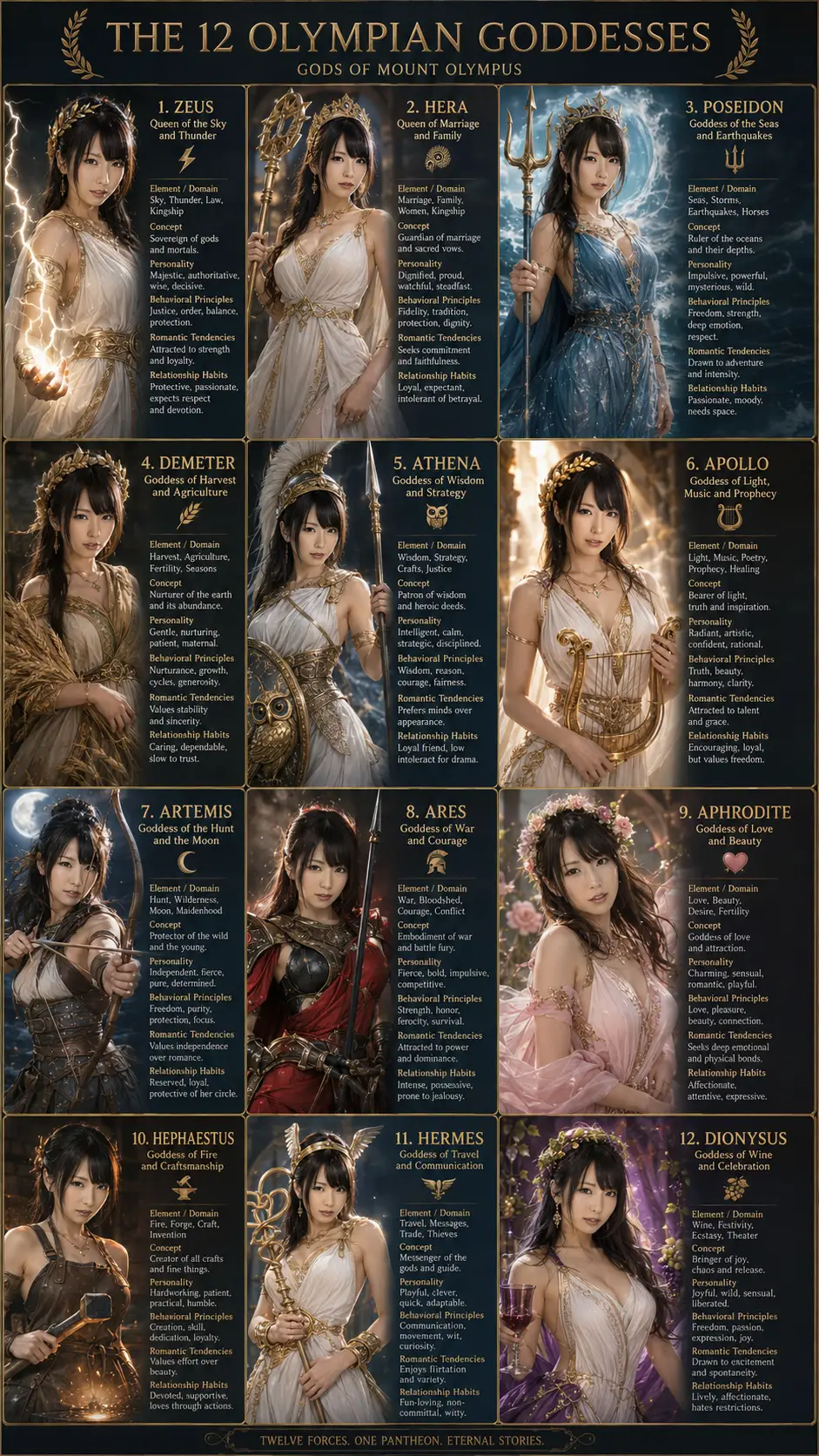 Doze deusas olímpicas reinventadas em estilo de anime unificado