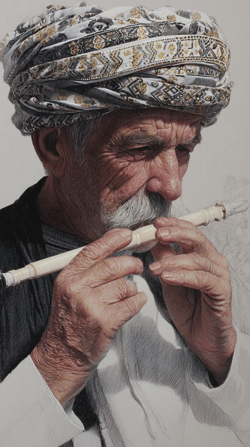 Retrato de idoso do Oriente Médio tocando flauta de madeira