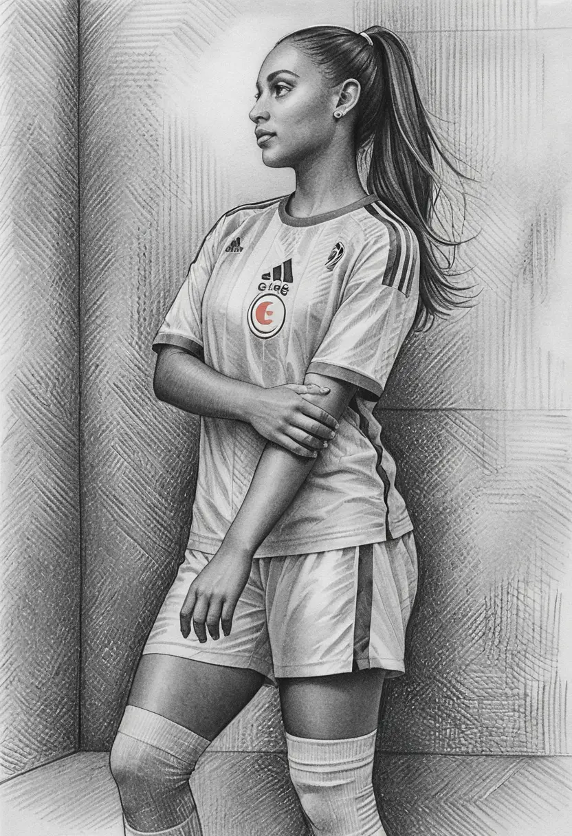 Graphite full body portrait of focused young woman footballer