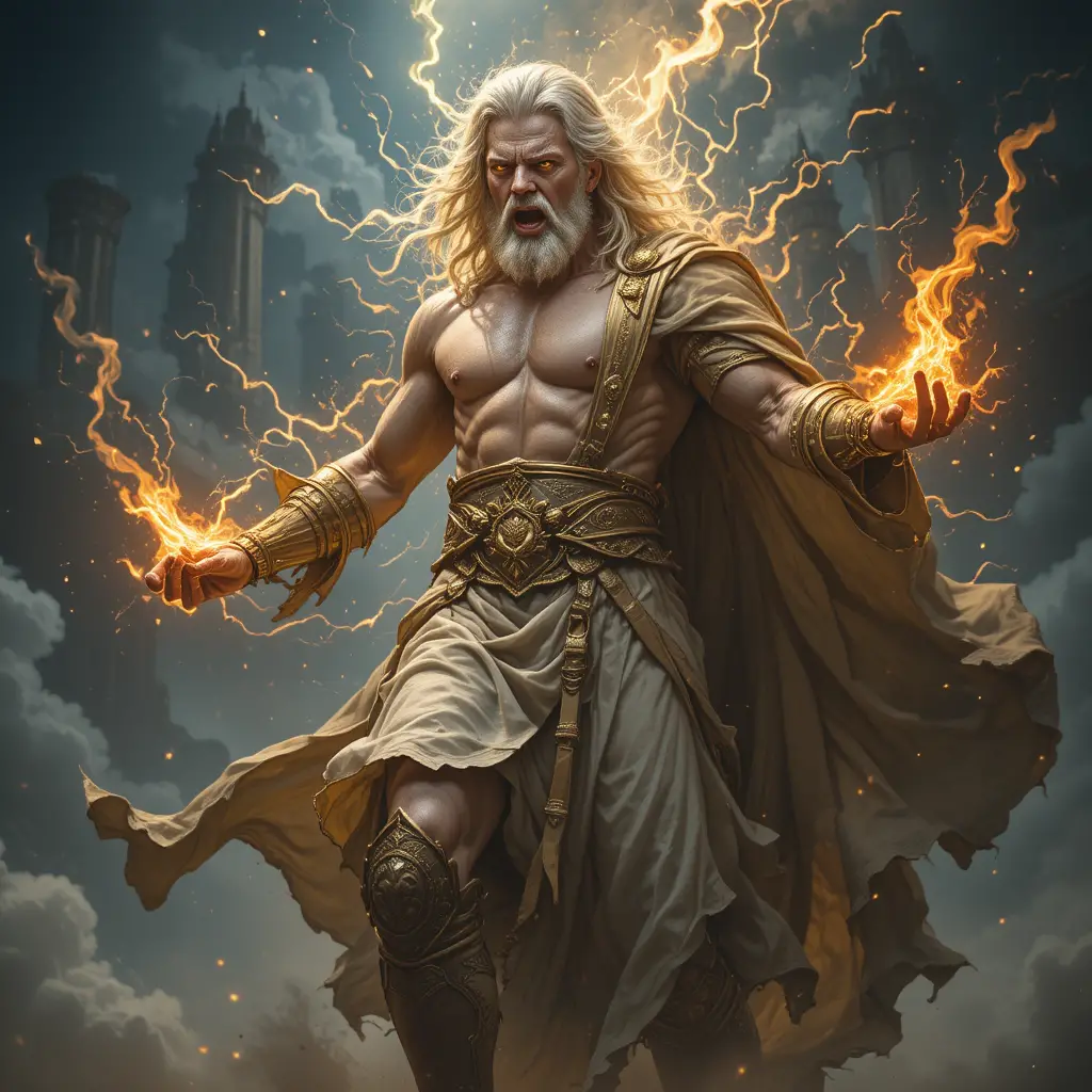 Radiant angelic figure with lightning face and fiery eyes
