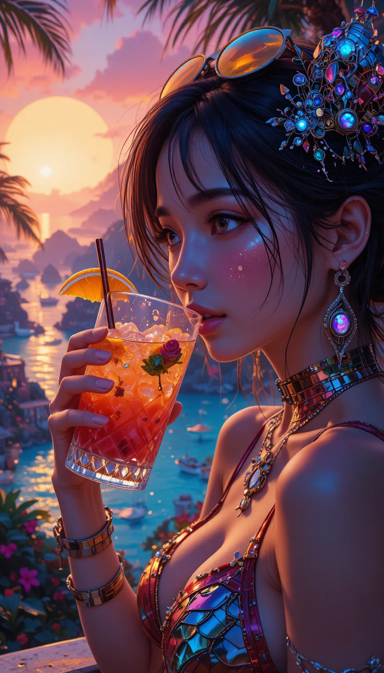 Mulher saboreando bebida tropical em resort futurista de ilha neon