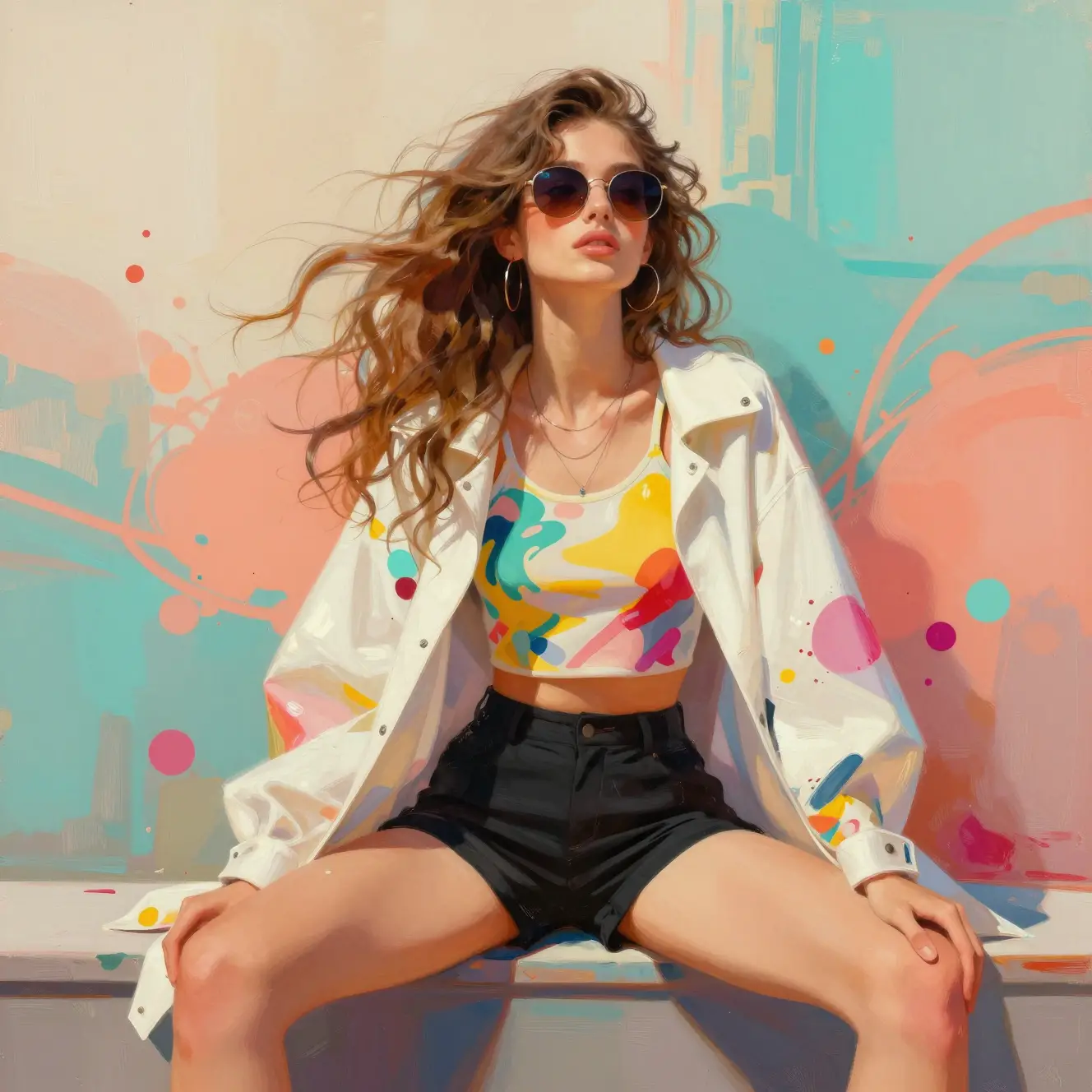 Donna elegante con occhiali da sole seduta accanto a un murale colorato
