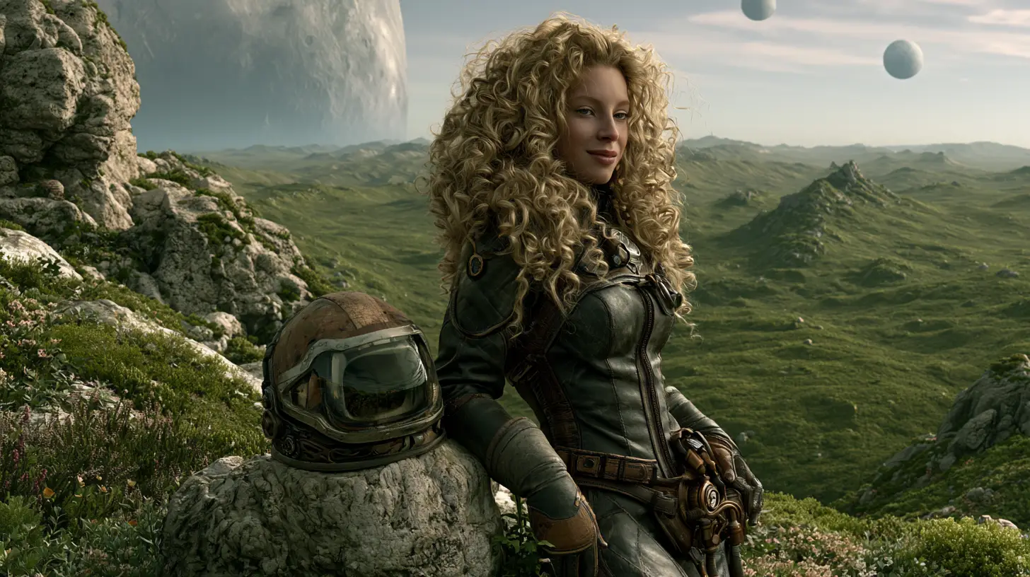 Astronauta donna steampunk su un rigoglioso mondo alieno
