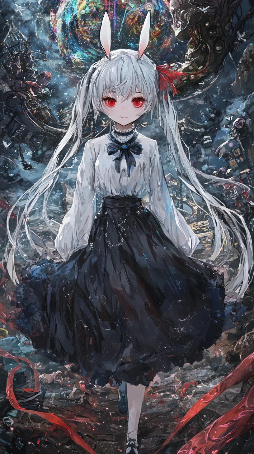 Anime girl with ghostly smile walking on wooden bridge