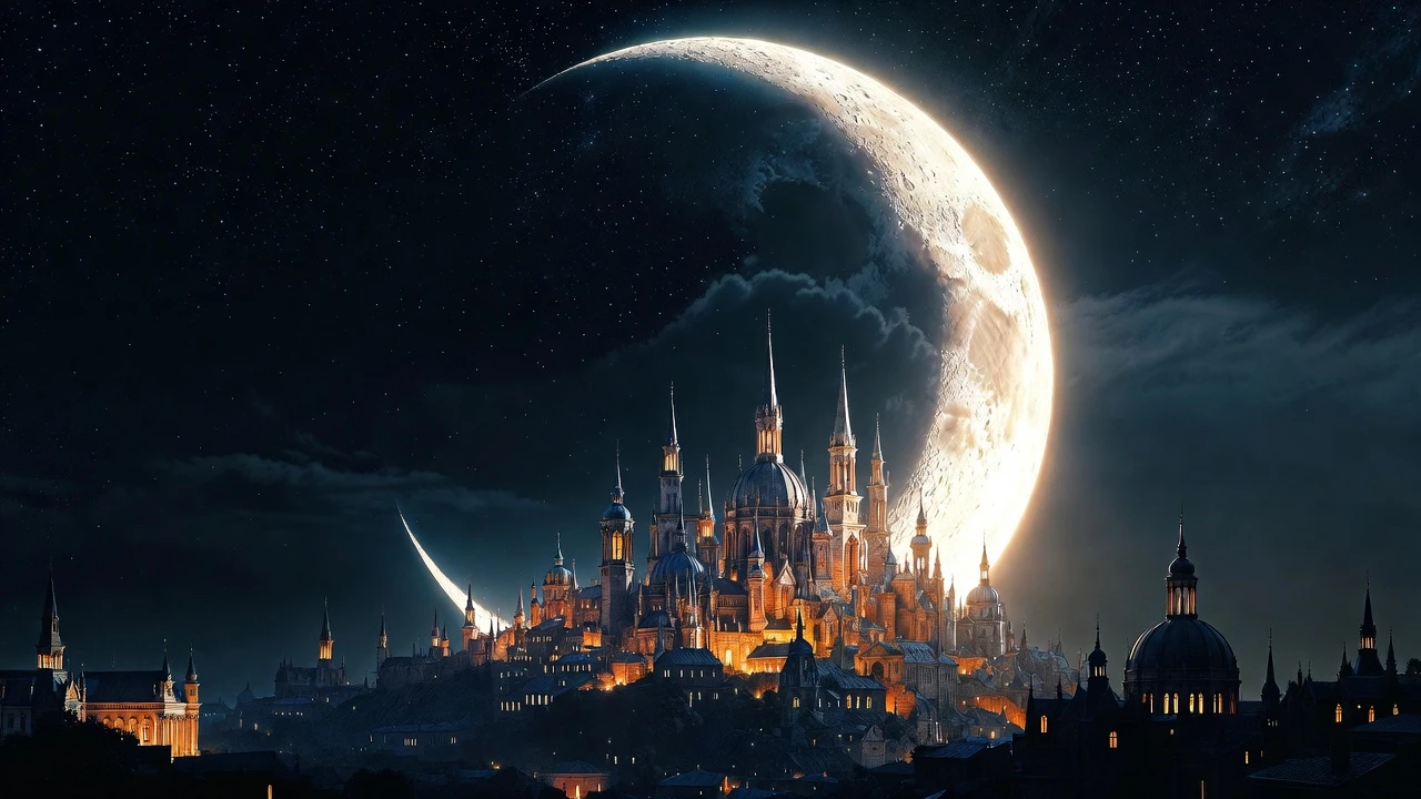 Fantasy city nestled in a crescent moon above night sky