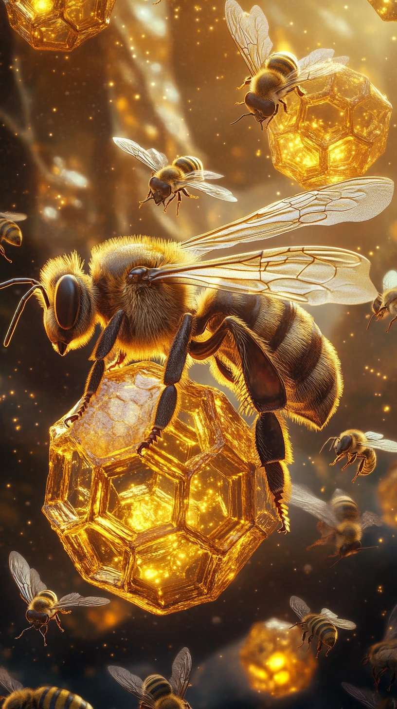 Heroic bee building glowing honeycomb cathedrals in amber light