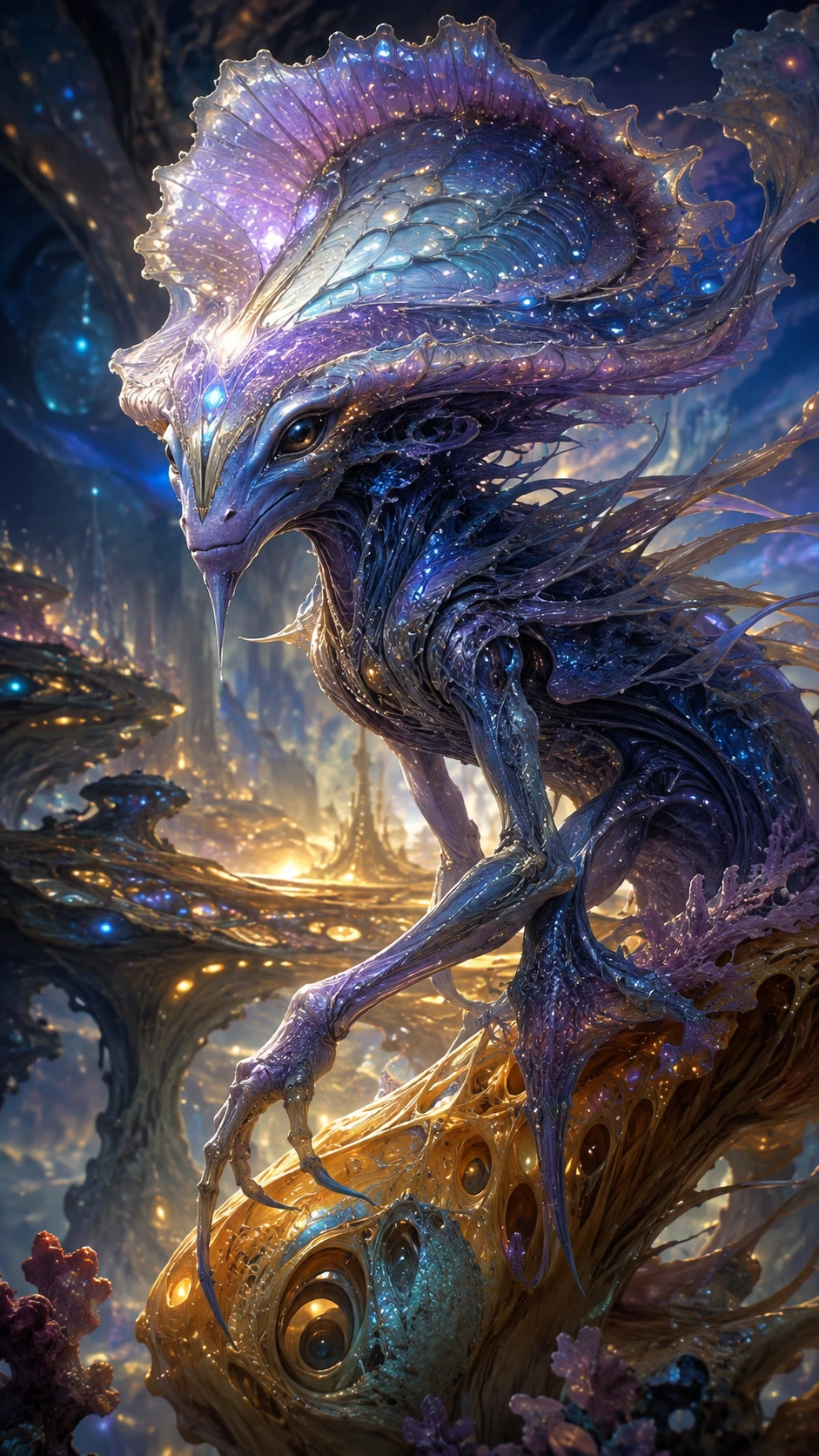 Criatura alienígena bioluminescente em um mundo extraterrestre fantástico
