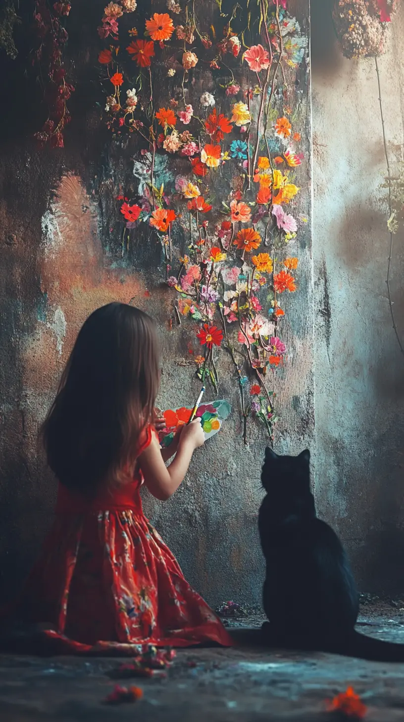 Little girl painting flowers on a rustic wall with cat
