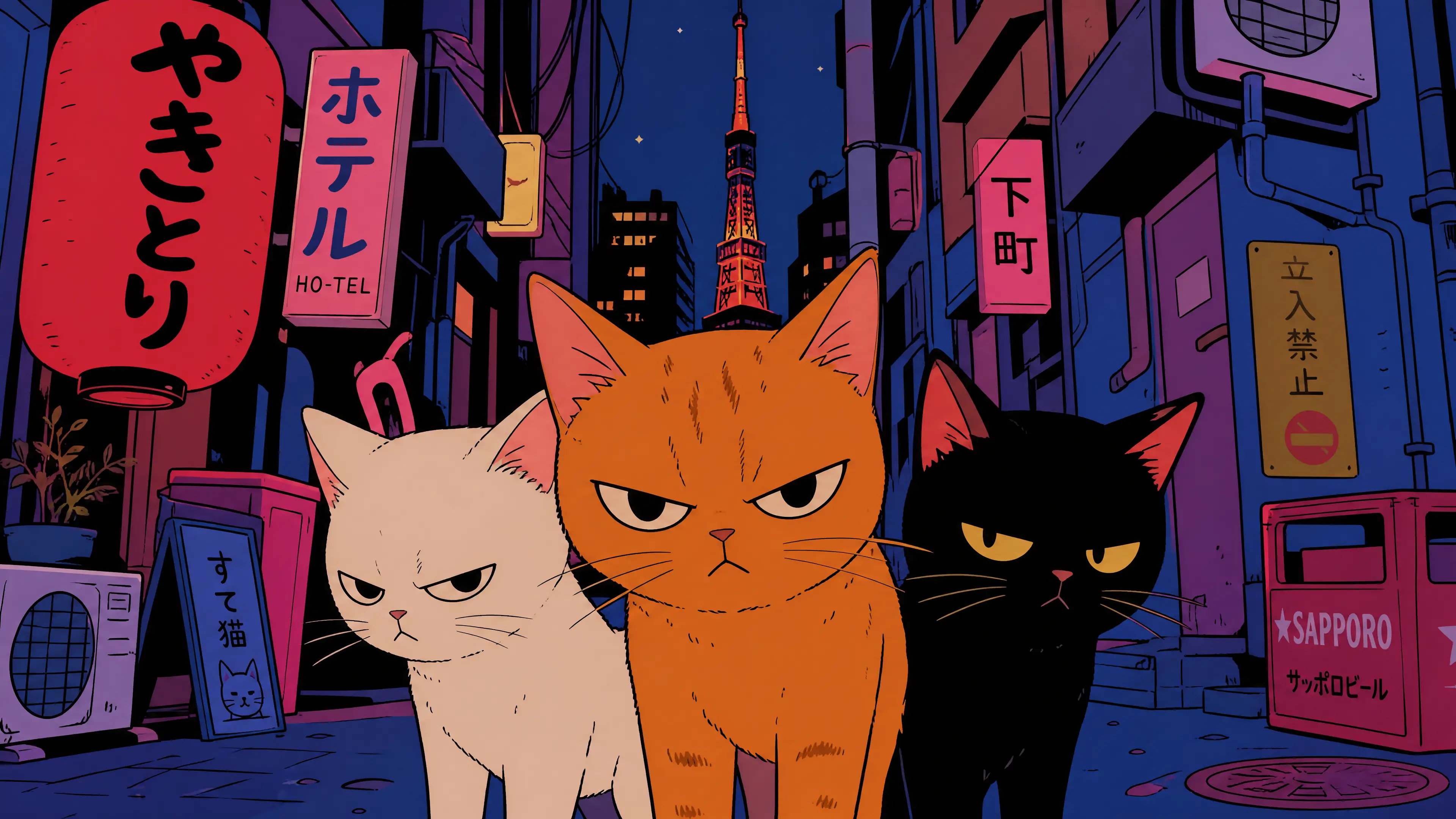 極簡東京巷弄中的三隻臭臉小貓插畫