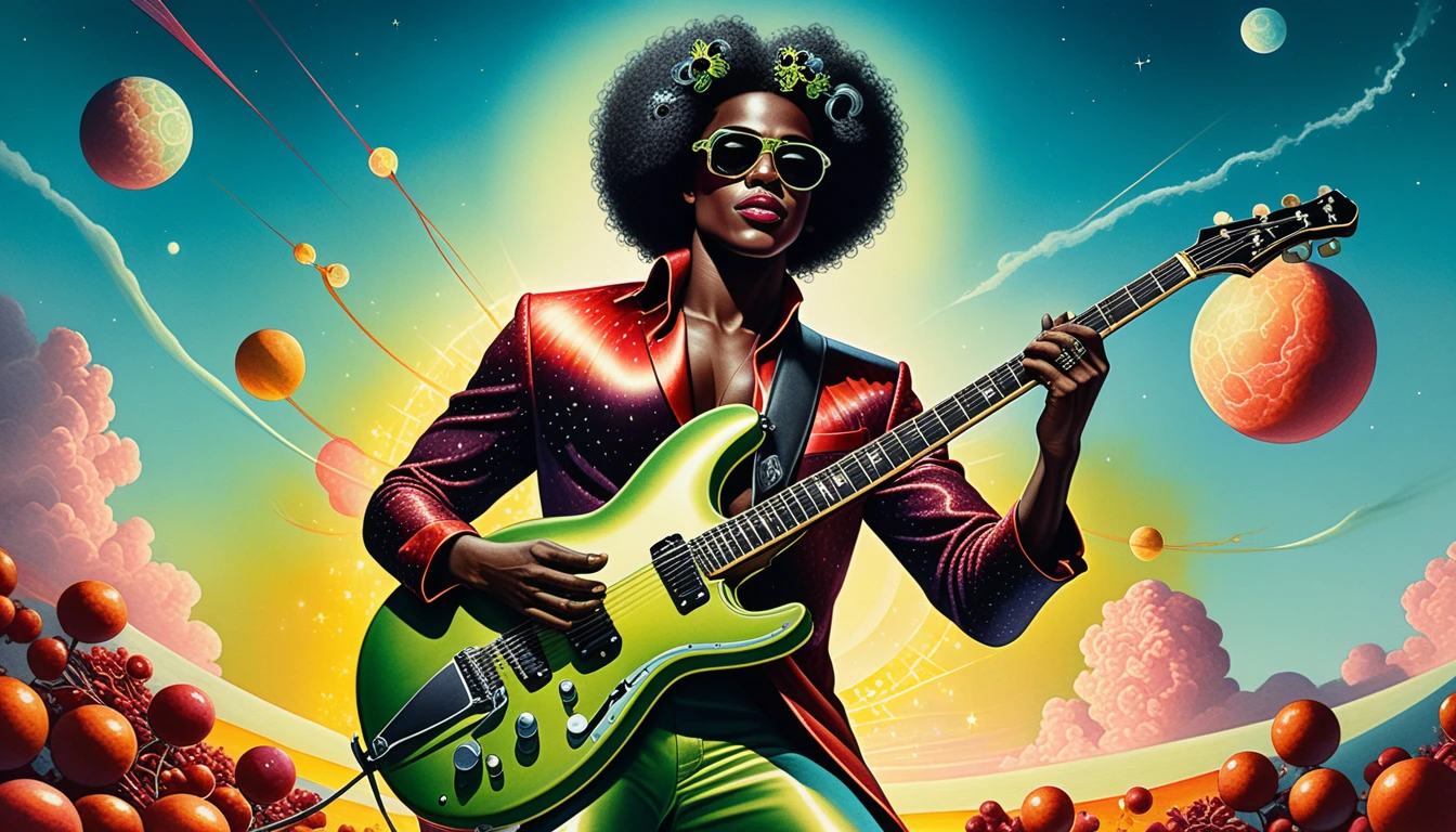 Guitarrista negro no palco em cena cósmica aquarela brilhante