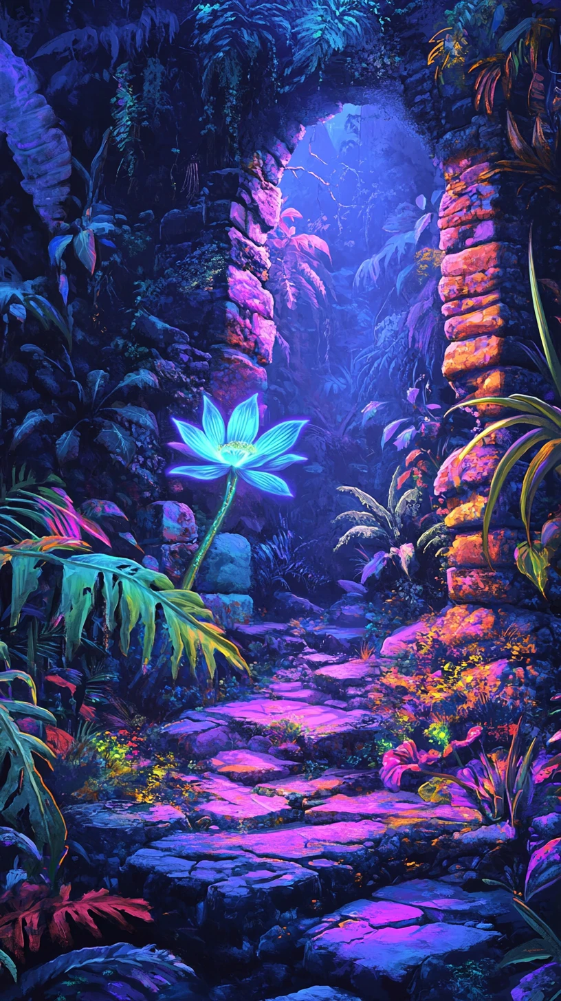 Parede de selva mágica com plantas brilhantes e flor azul