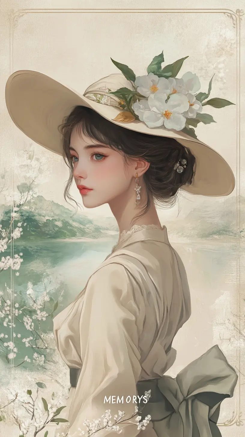 안개 낀 일본 산 앞 모자를 쓴 빈티지 소녀
