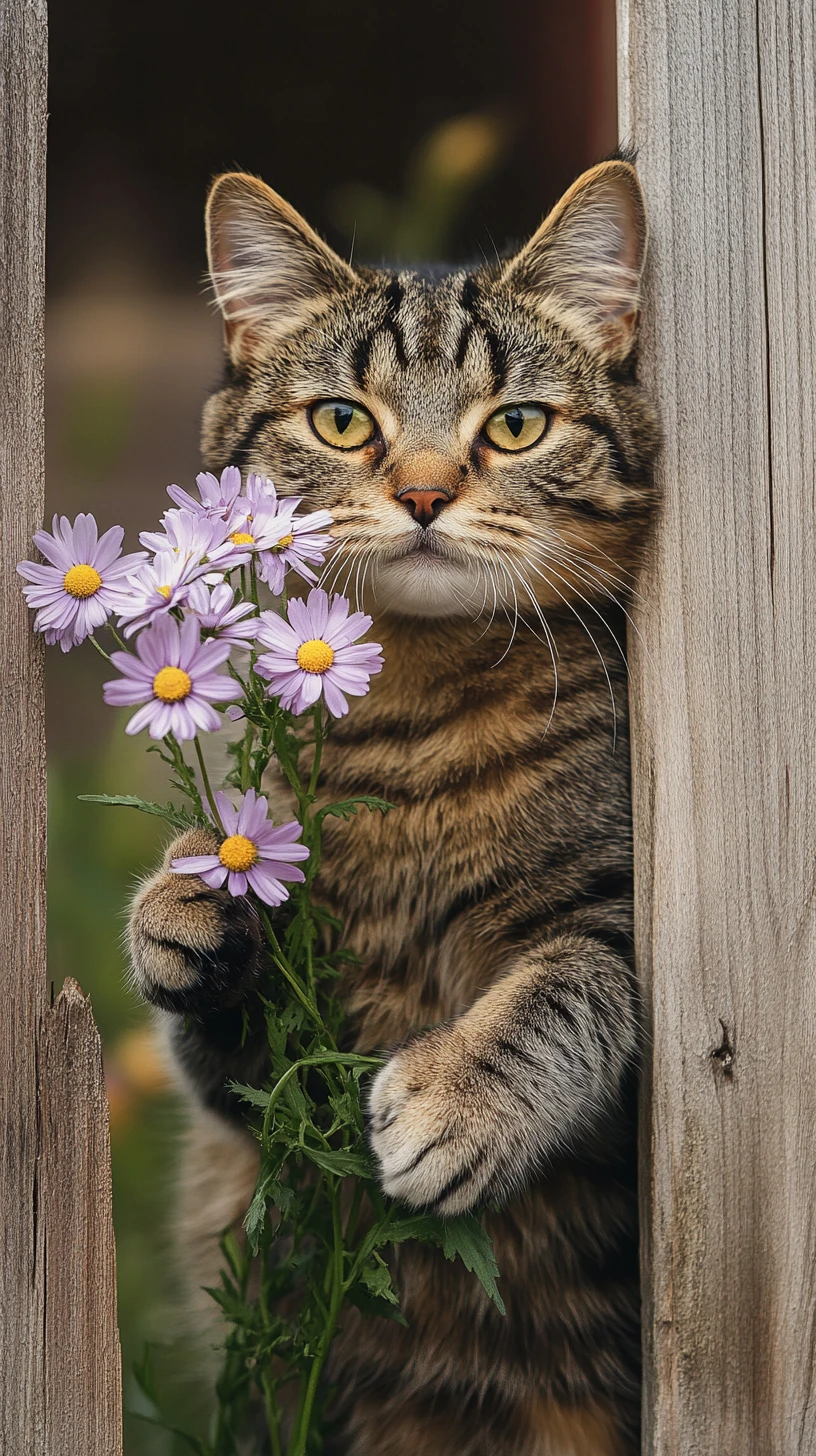木の柵のそばで紫のデイジーを抱える縞模様の猫
