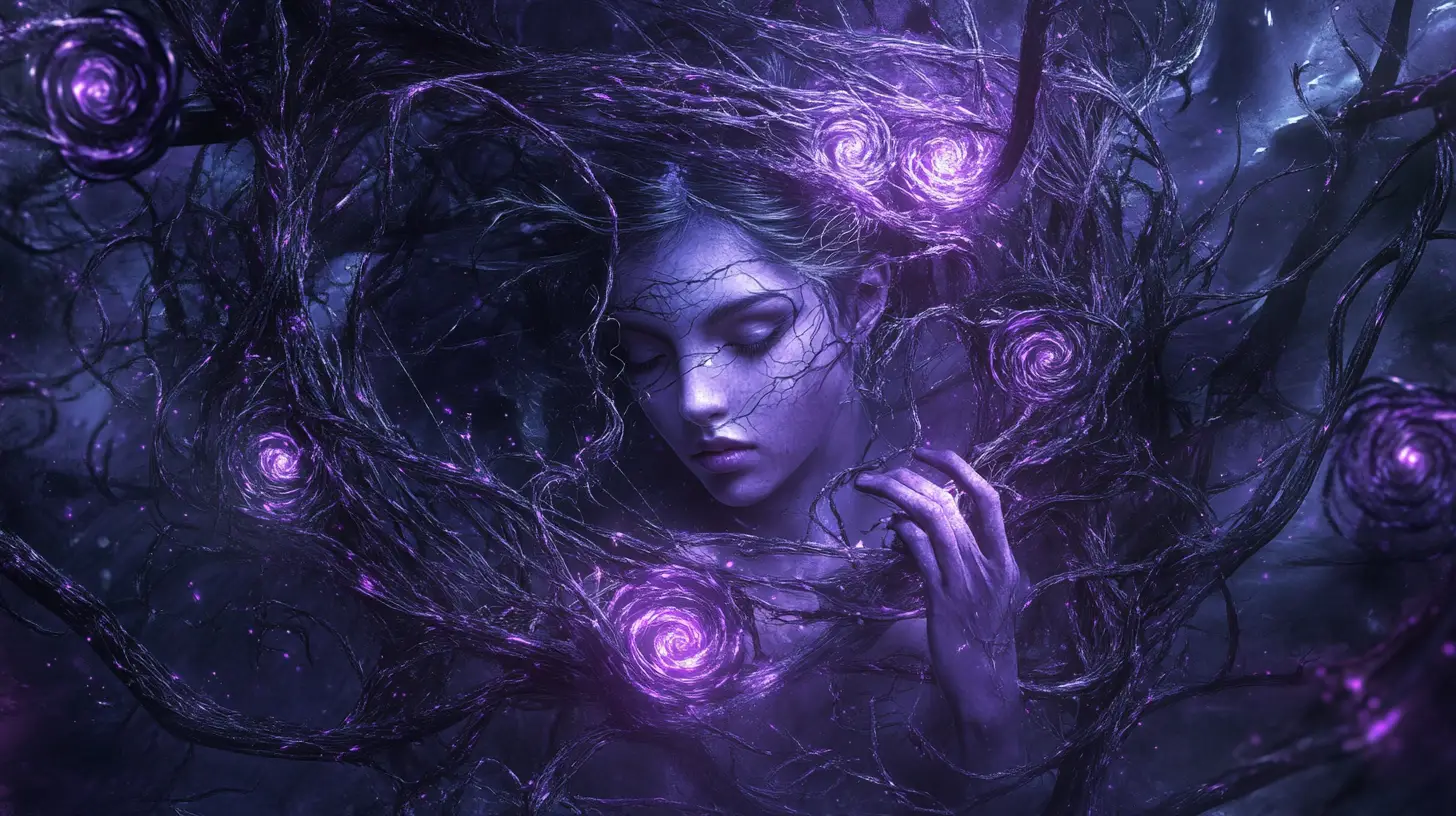Mysterious woman weaving living thorn vines like dark magic