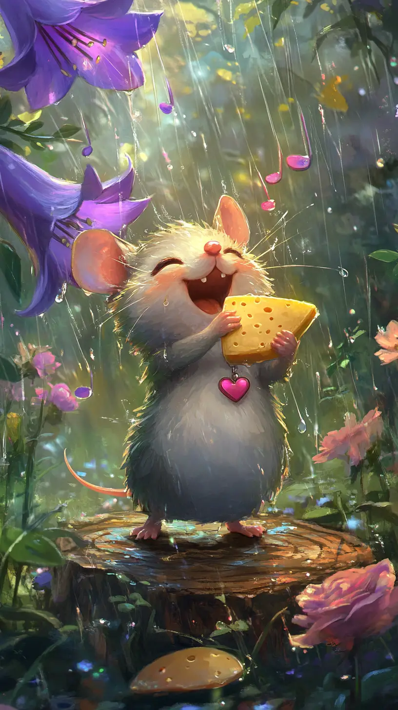 Happy mouse dancing under a bellflower in the rain