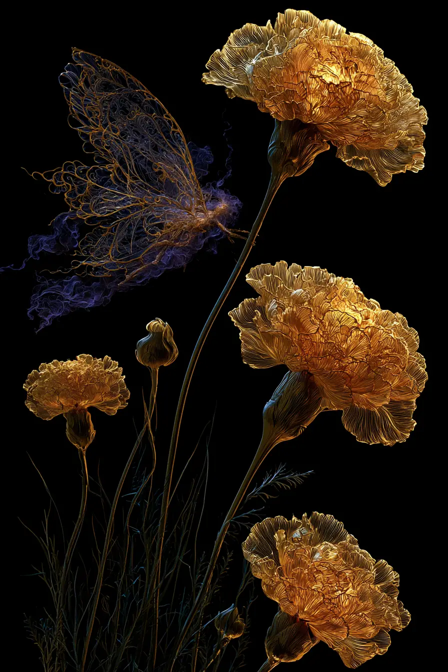 Leuchtende goldene Blumen in einer dunklen mystischen Leere