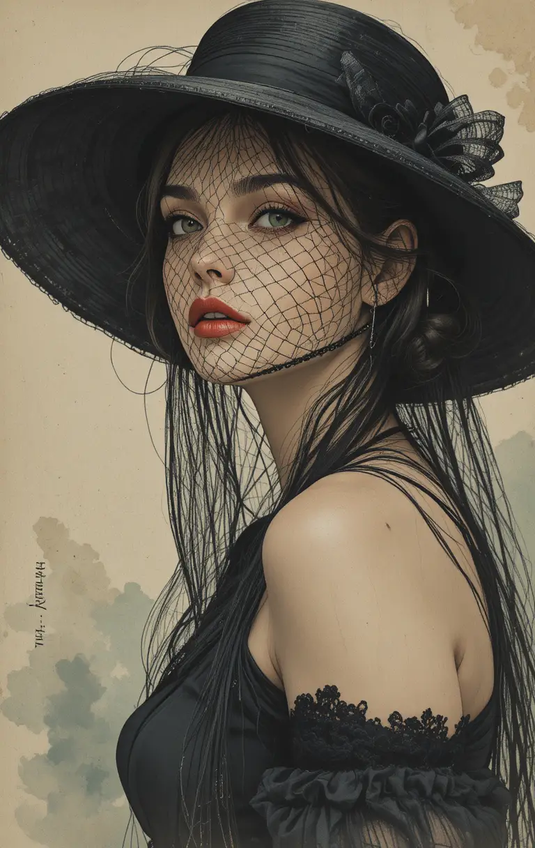 Veiled young woman in a vintage editorial ink portrait