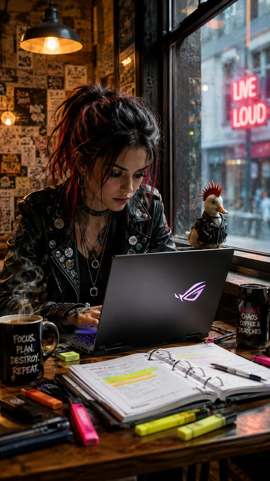 Focused punk woman working at a cozy coffee shop window