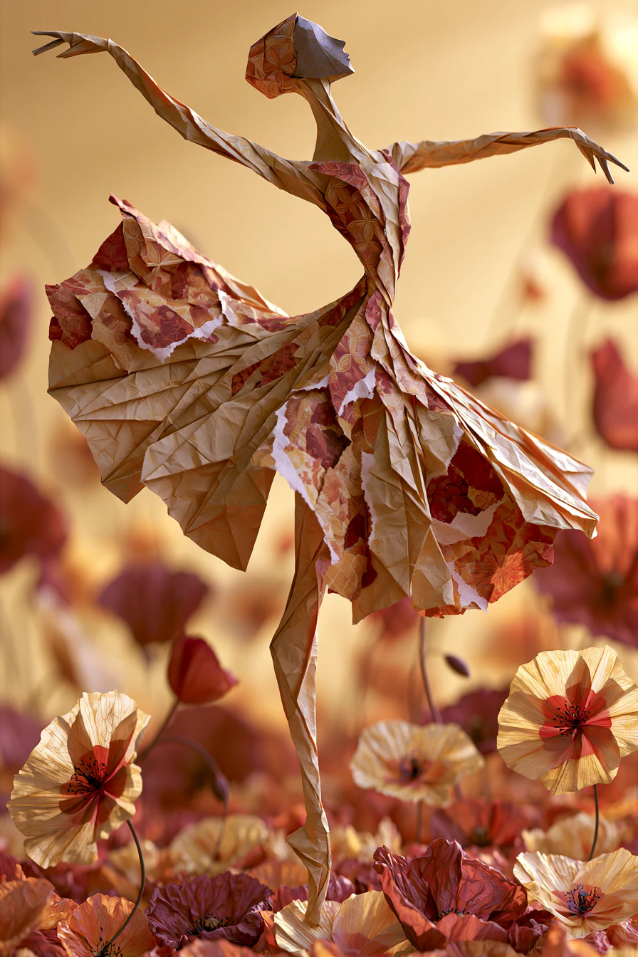 Origami dancer rising gracefully from a sea of flowers