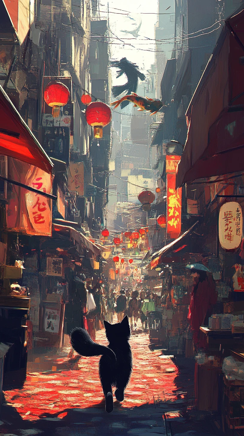 黑色展翼貓與錦鯉奔馳於奇幻城市