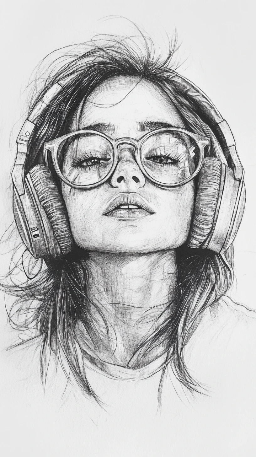 Young girl in headphones and glasses pencil portrait sketch