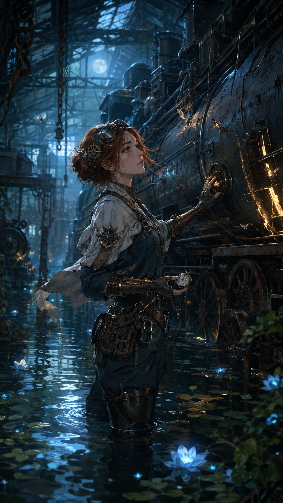 Steampunk woman in flooded train depot under moonlight