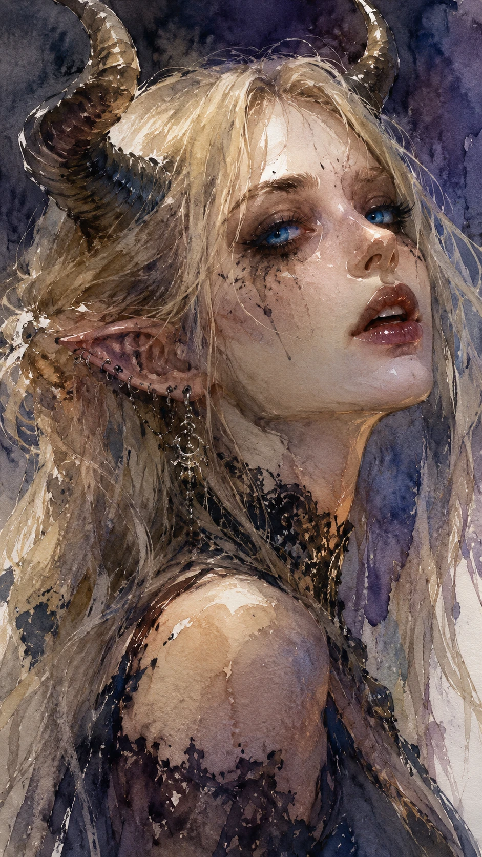 Tiefling loira com olhos azuis brilhantes em luz suave