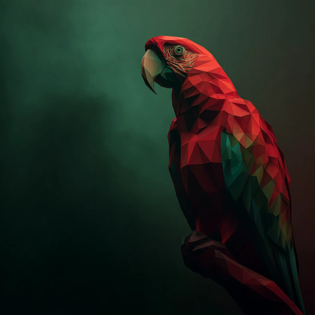 Papagaio vermelho low poly em atmosfera geométrica abstrata escura