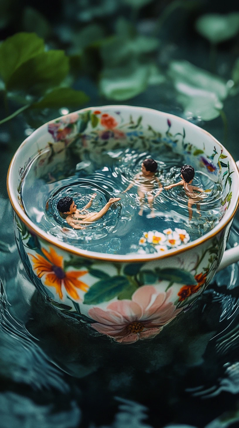 Piscina em Xícara de Chá Floral Gigante com Minúsculos Nadadores em Macro