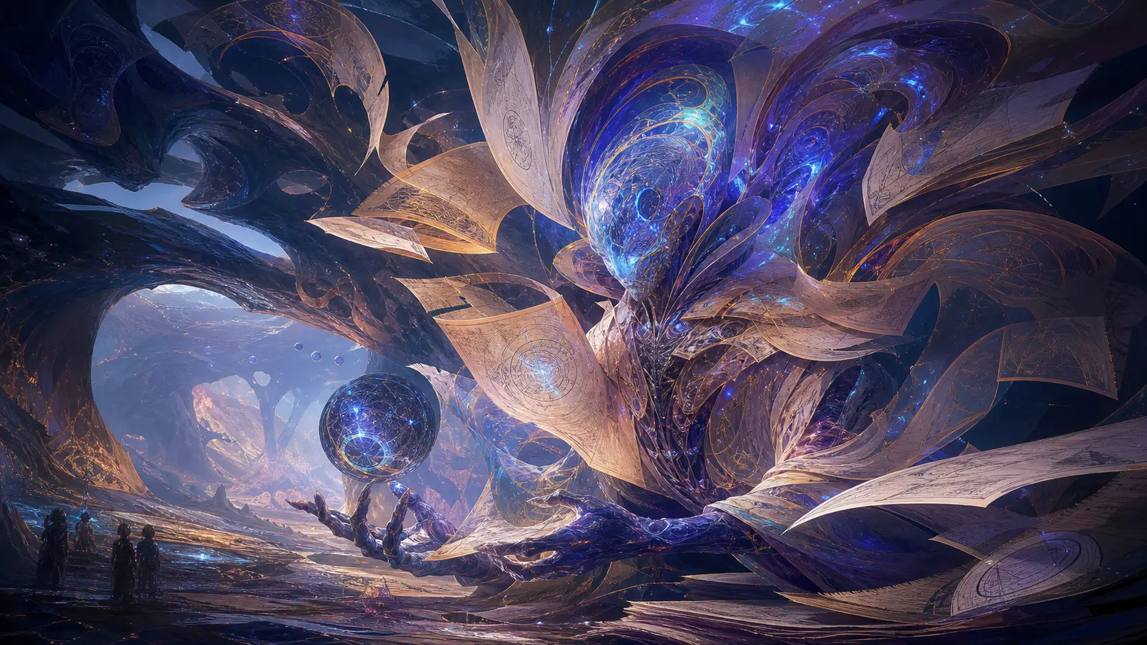 渦巻く光り輝く幾何学的なページから形作られた異星生命体