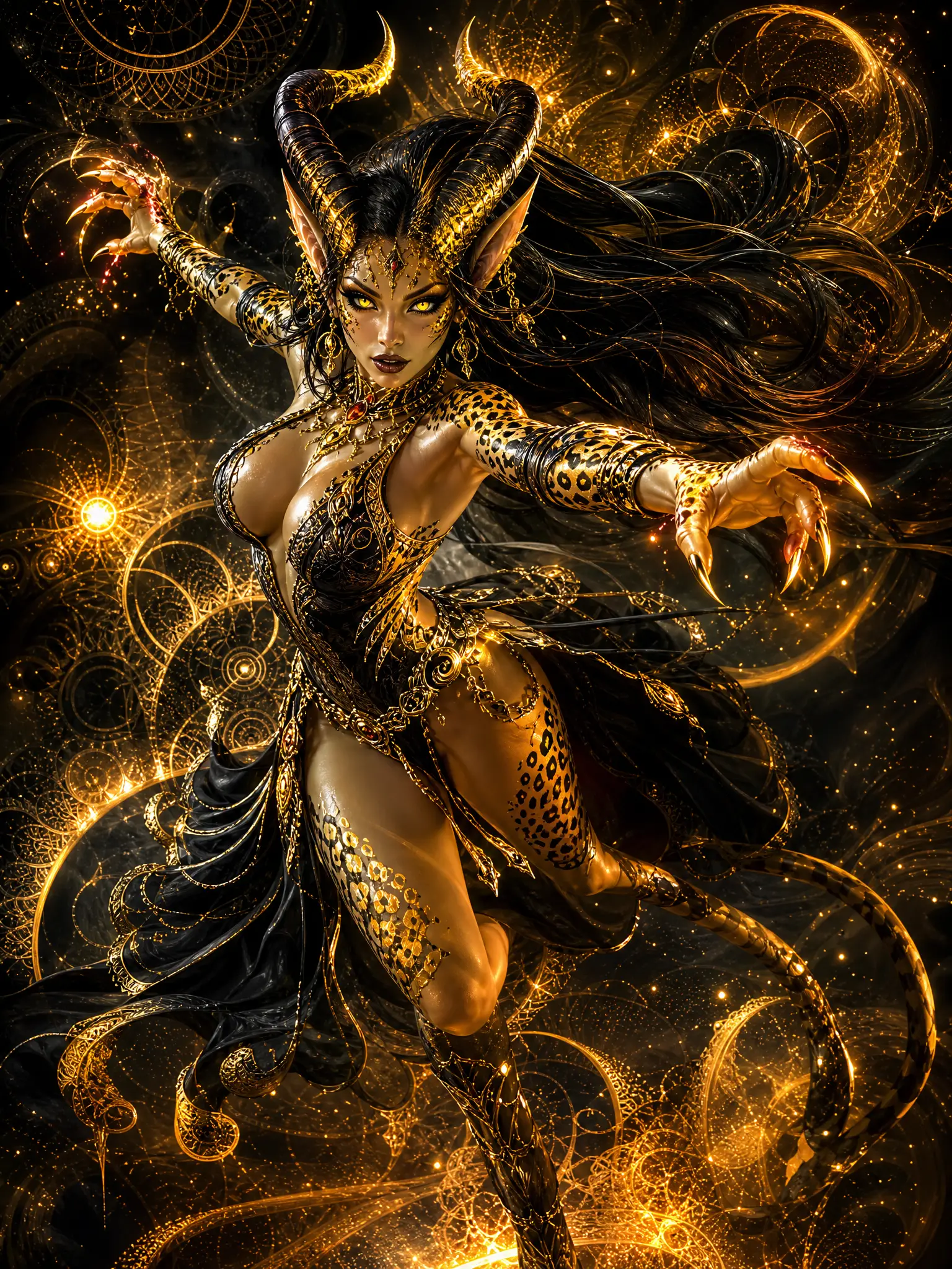 Guerreira felina demoníaca saltando por sombras flamejantes