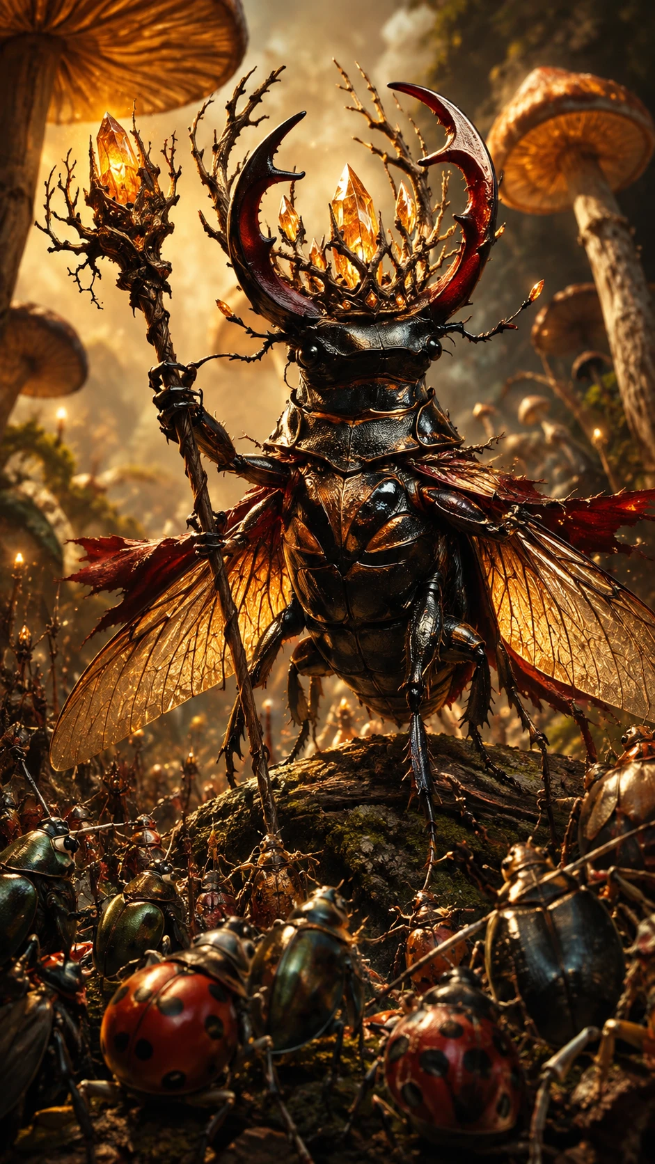 Rei heroico de besouros-cervo liderando insetos da floresta