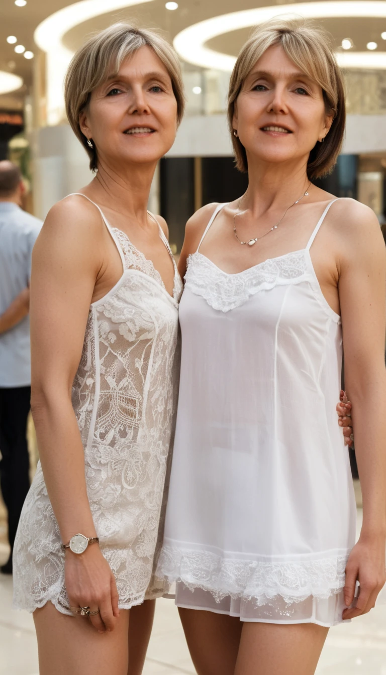 Duas mulheres se beijando de perto em um shopping de luxo
