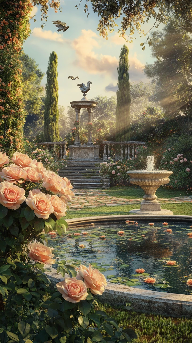Jardín de rosas romántico con urnas de piedra y fuente de querubines