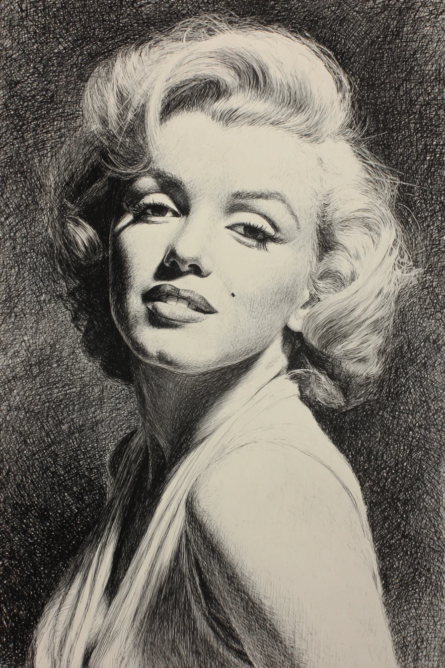 Retrato em grafite de Marilyn Monroe com sorriso icônico