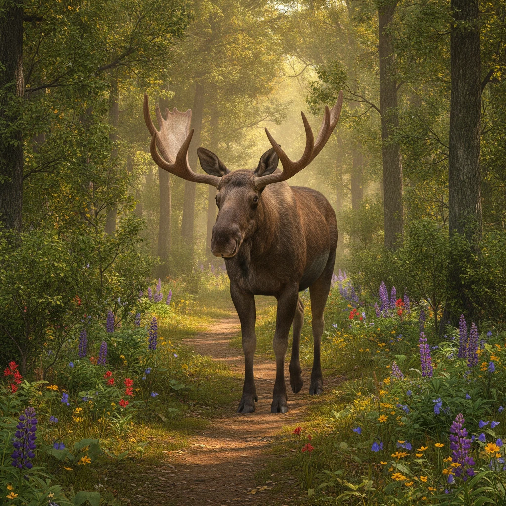 Maestoso alce che cammina lungo un soleggiato sentiero nel bosco