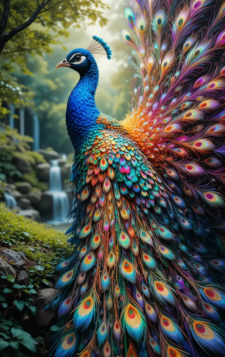 Colorful peacock with flowing iridescent feathers in nature