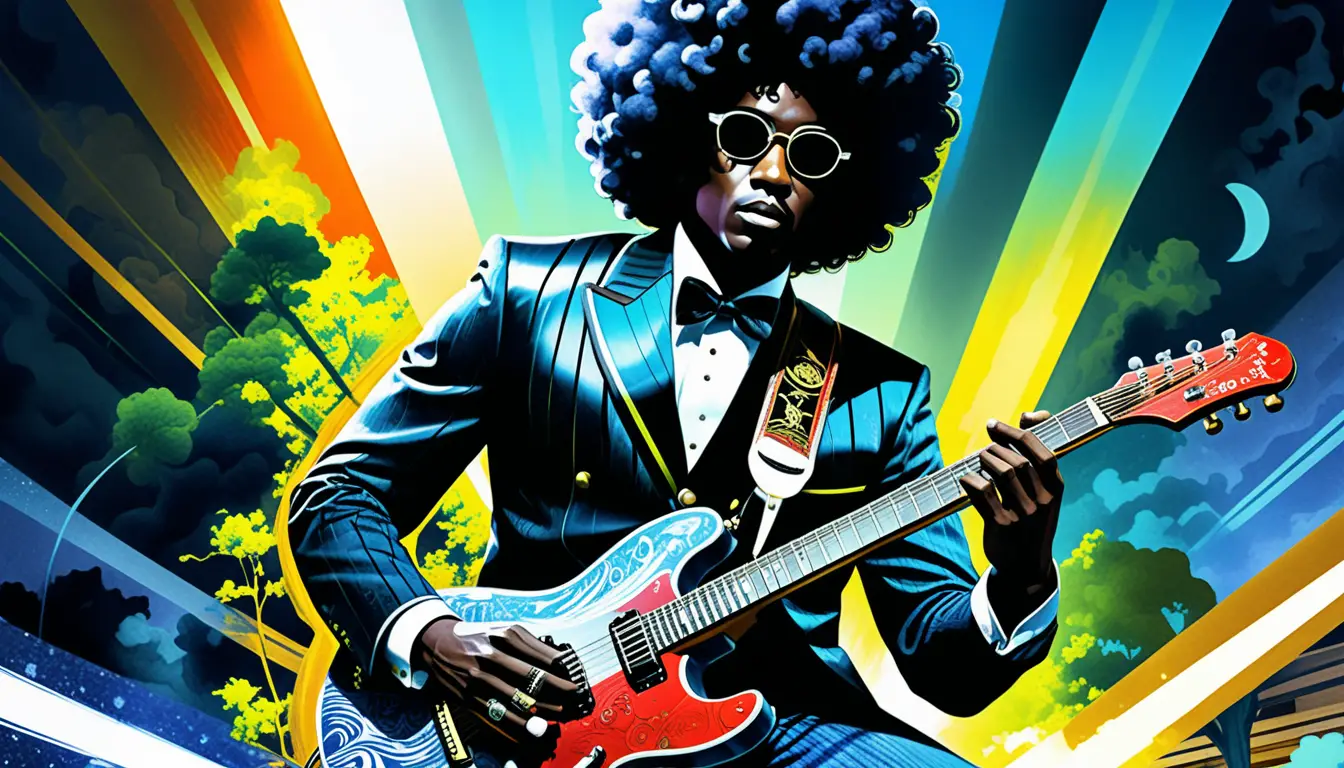 Black guitarist on stage with glowing cosmic light trails