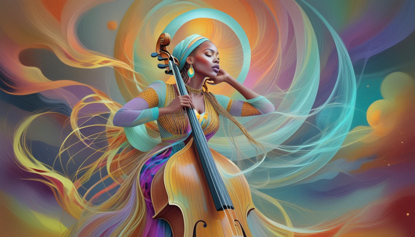 Black woman playing upright bass under a purple moon