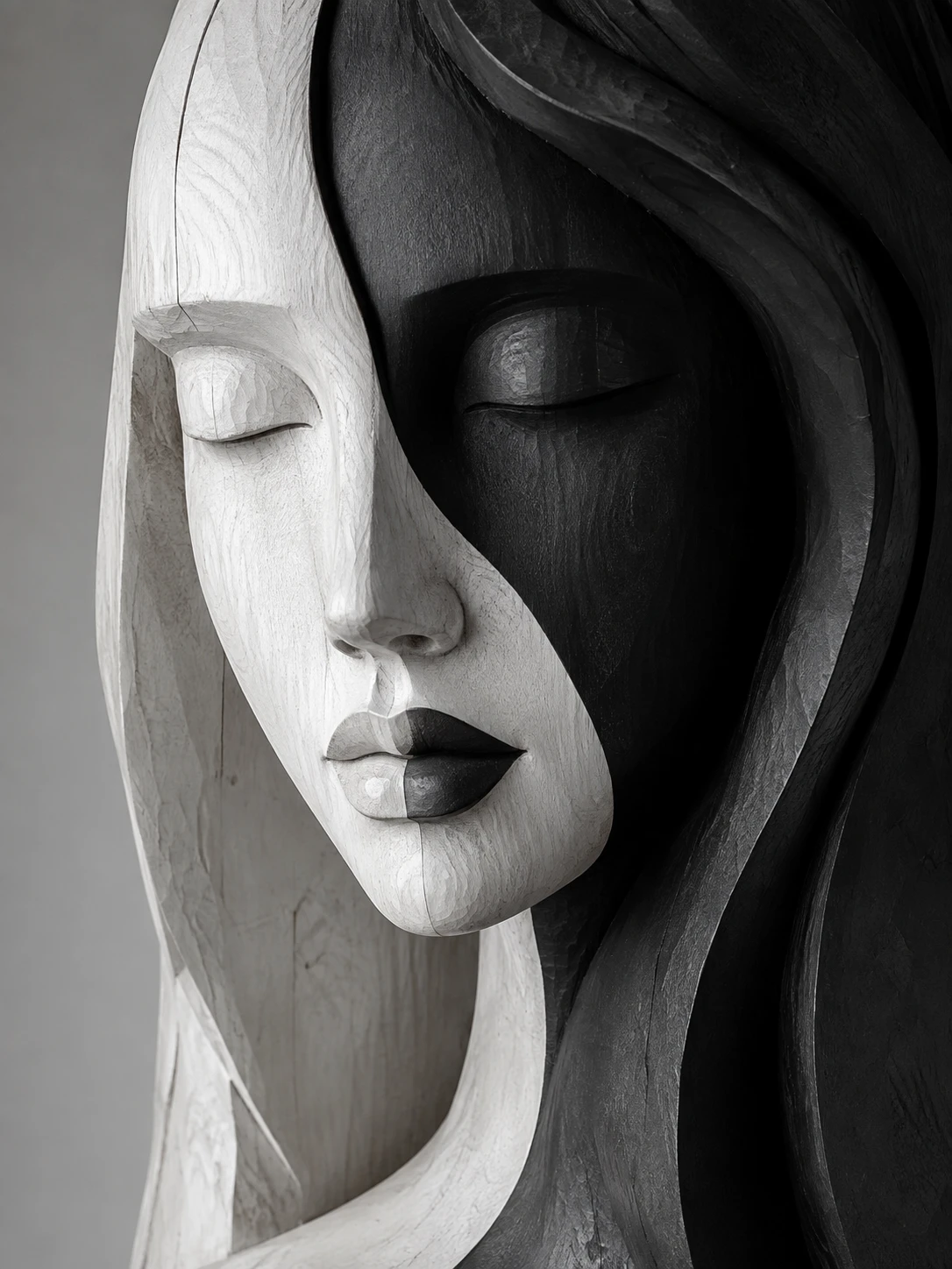 Primo Piano in Bianco e Nero di Scultura Femminile in Legno