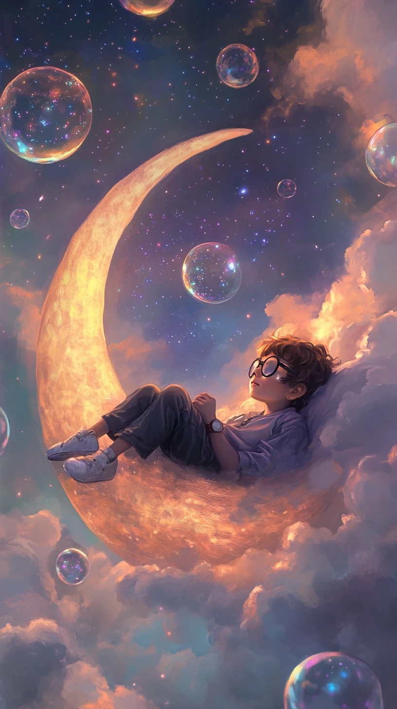 Anime-Mädchen ruht auf einer Mondsichel in einem traumhaften Himmel