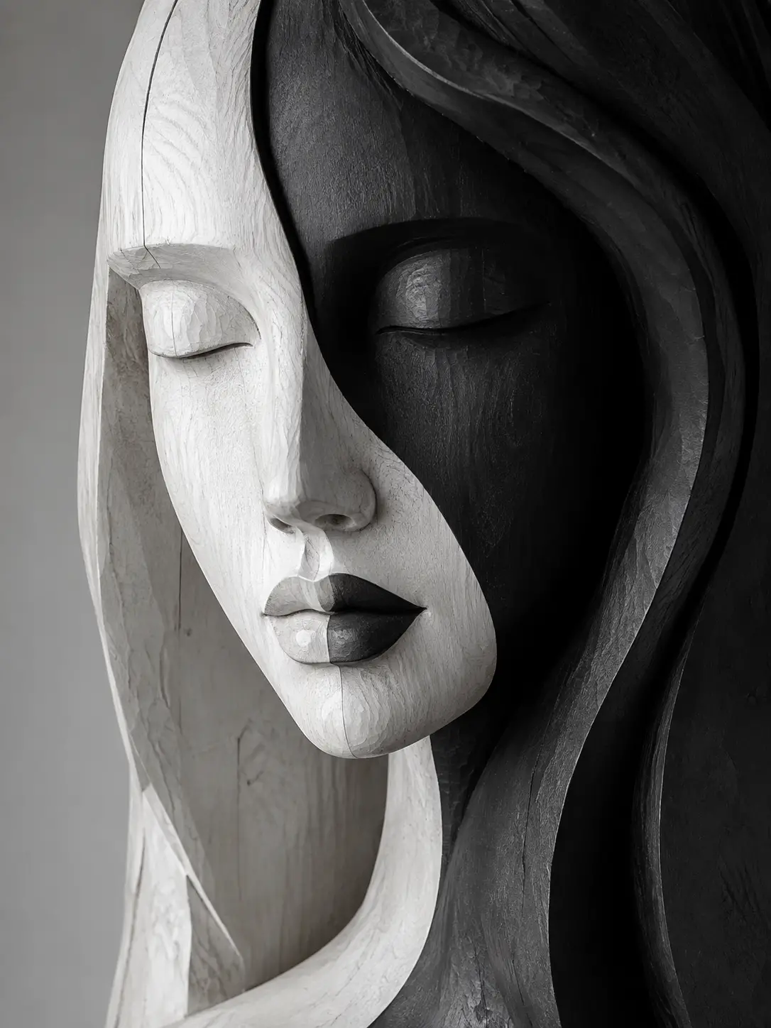 Black And White Close Up Of Wooden Woman Sculpture