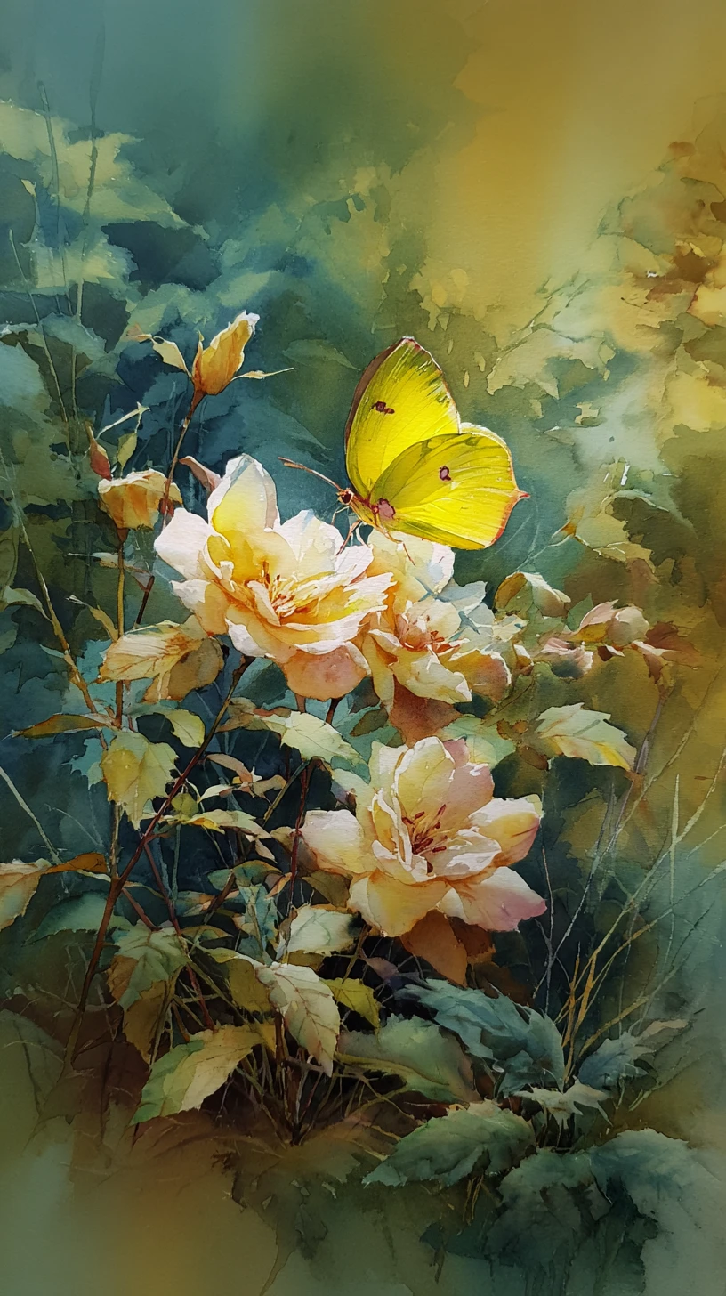 Farfalla gialla su fiori bianchi in un delicato acquerello di foresta
