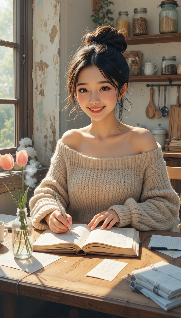 Mujer de anime acogedora escribiendo en un rincón soleado de la cocina